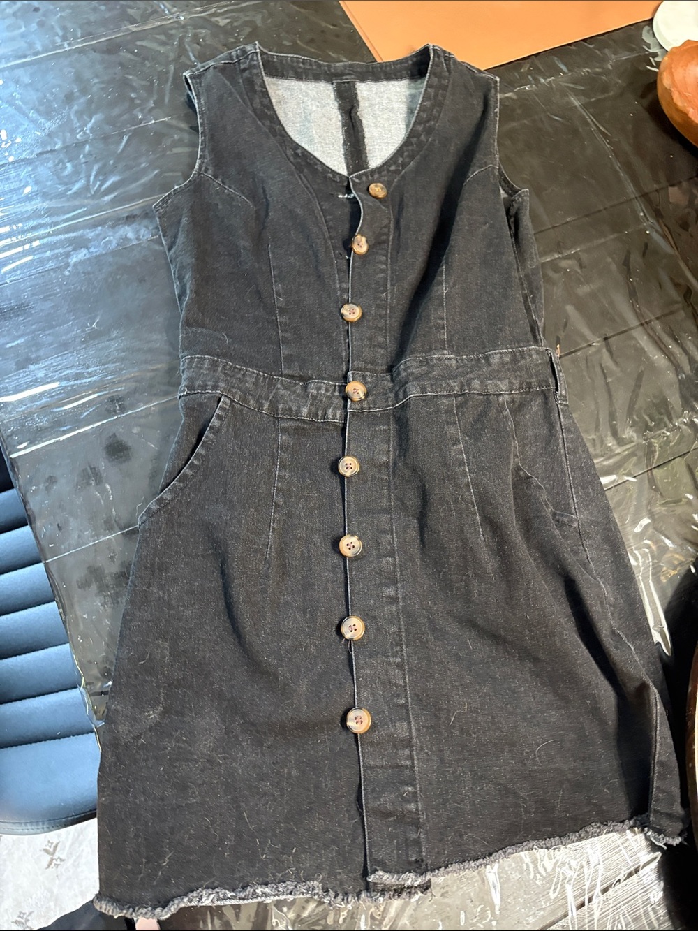 Black Sleeveless Button-Front Denim Dress